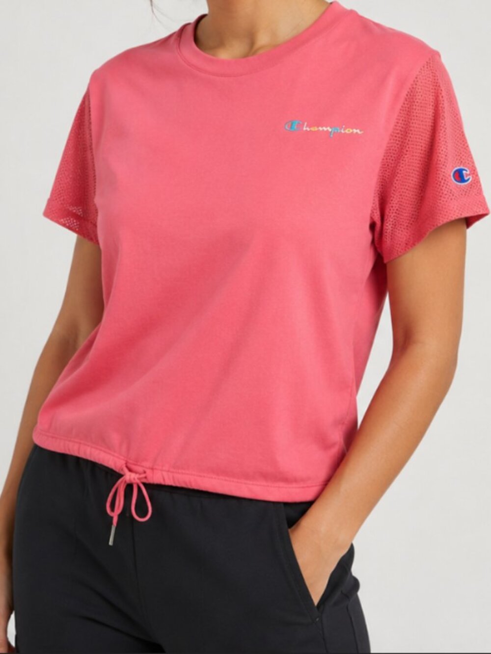 Champion Campus Sporty T-Shirt Mesh Sleeves Drawstring Hem Coral Pink Size XL
